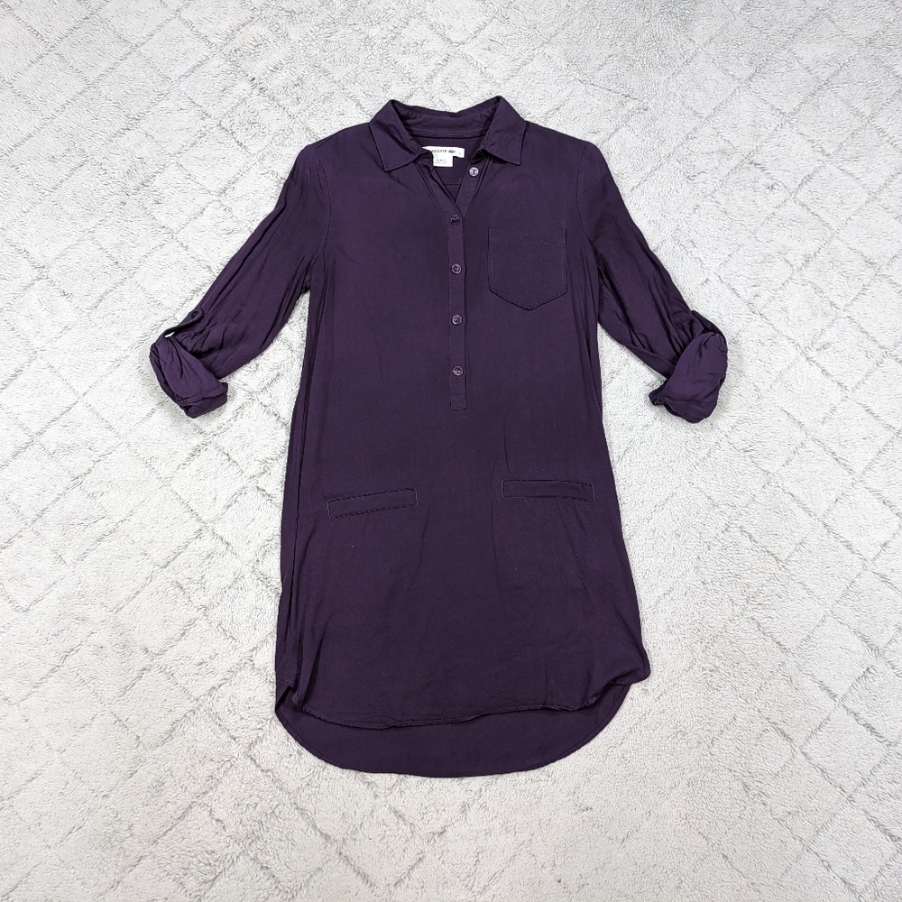 Lacoste Shirt Dress Women's 34 Small Purple ½ Button Rolled Sleeves Collar Mini